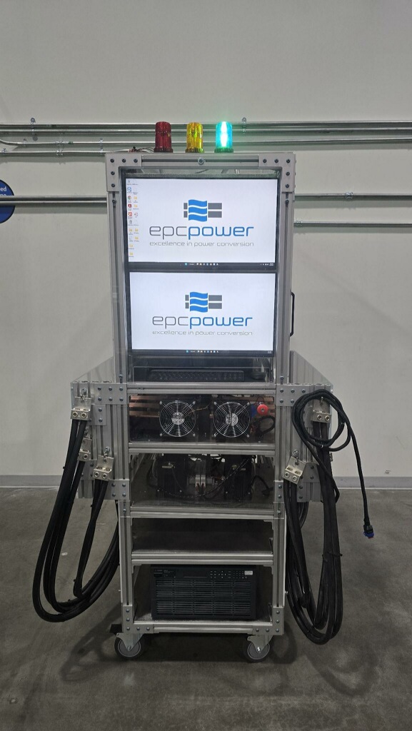 EPC Power M-Series test bench with signal lights and dual displays