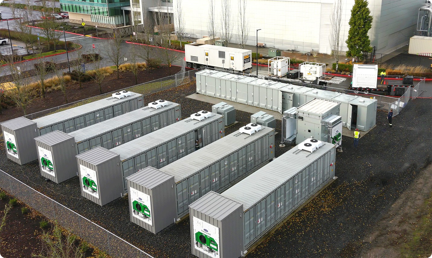 Genentech pharma BESS power quality and backup system aerial view